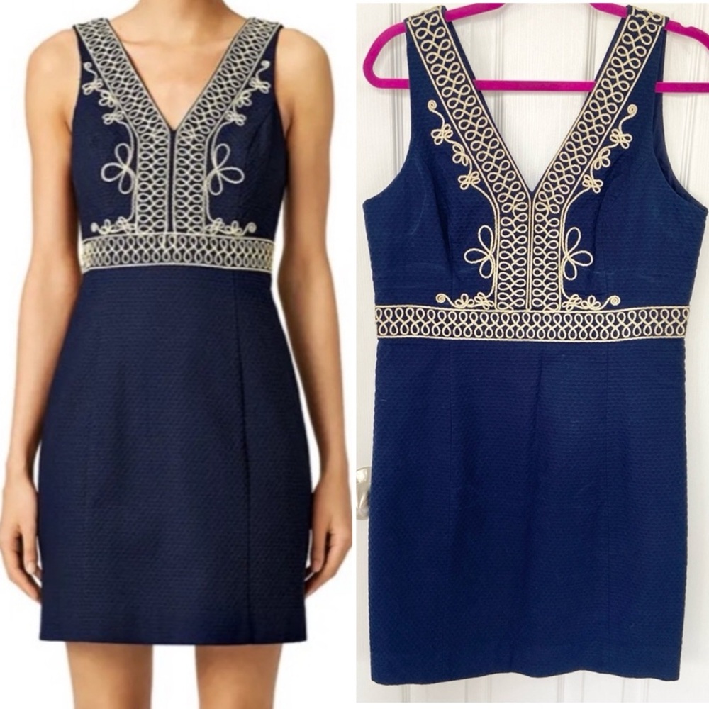 Lilly Pulitzer Aveline V-Neck Shift Dress in True Navy Gold Cording Size 12
